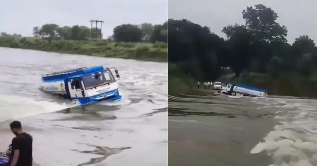 ललितपुर में तेज बहाव में बहा तेल टैंकर, चालक ने कूदकर बचाई जान
