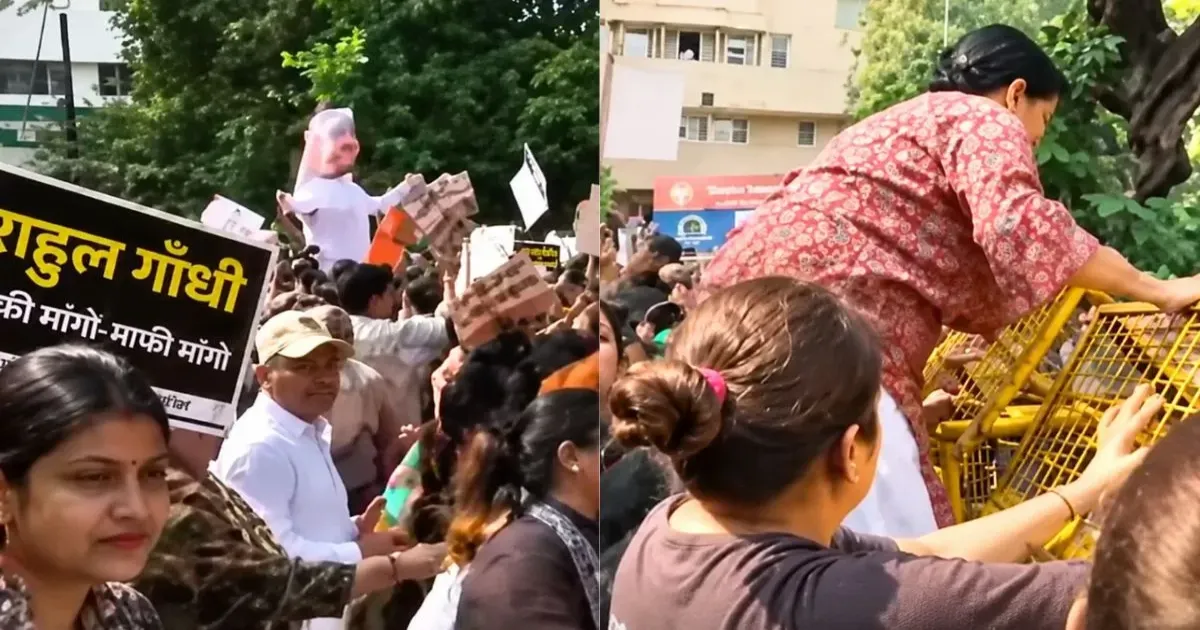 बीमोल अकोइजम पर यौन उत्पीड़न के आरोपों को लेकर कांग्रेस मुख्यालय के बाहर बीजेपी महिला मोर्चा का प्रदर्शन