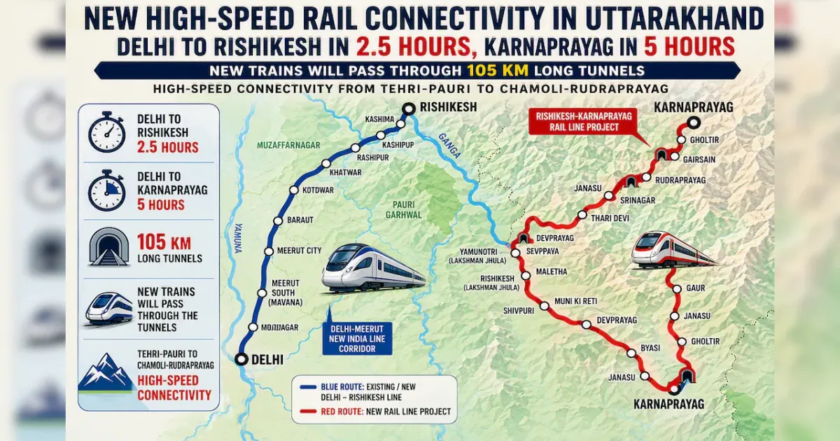 दिल्ली से ऋषिकेश 2.5 घंटे और कर्णप्रयाग 5 से 6 घंटे में, 105 किमी सुरंगों से गुजरेगी नई रेल लाइन