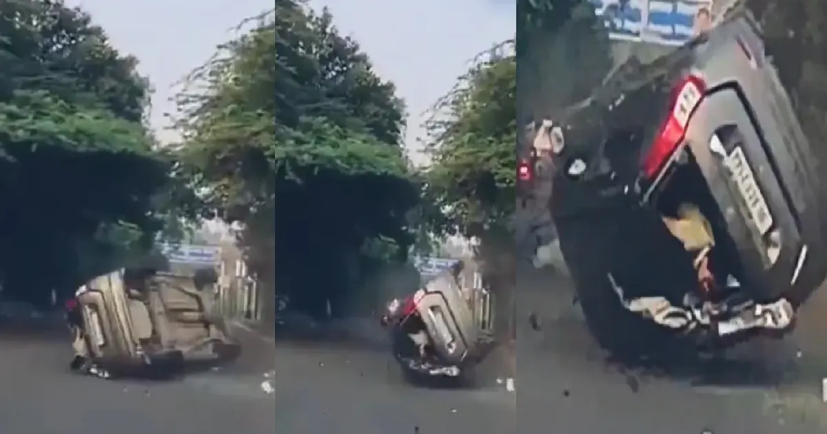 दिल्ली में तेज रफ्तार वैगनआर पलटी, हादसे के दौरान कार का शीशा तोड़कर बाहर निकला युवक